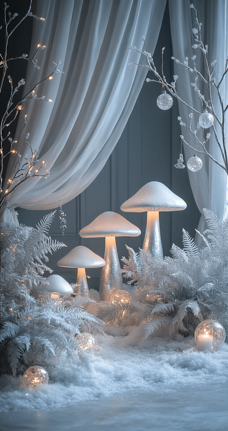 Botanical Cosplay Spaces: Transform Your Room into a Fantasy Wonderland Wide shot of a winter fantasy scene with white-frosted artificial plants, glowing mushroom props, and iridescent fabric drapes, all set against silver-dusted ferns in crystal planters. The cool color palette of icy blues, whites, and metallic silvers complements pale gray walls, while frosted glass ornaments hang from branches and LED lights embedded in fake snow create a magical sparkle in soft afternoon light.