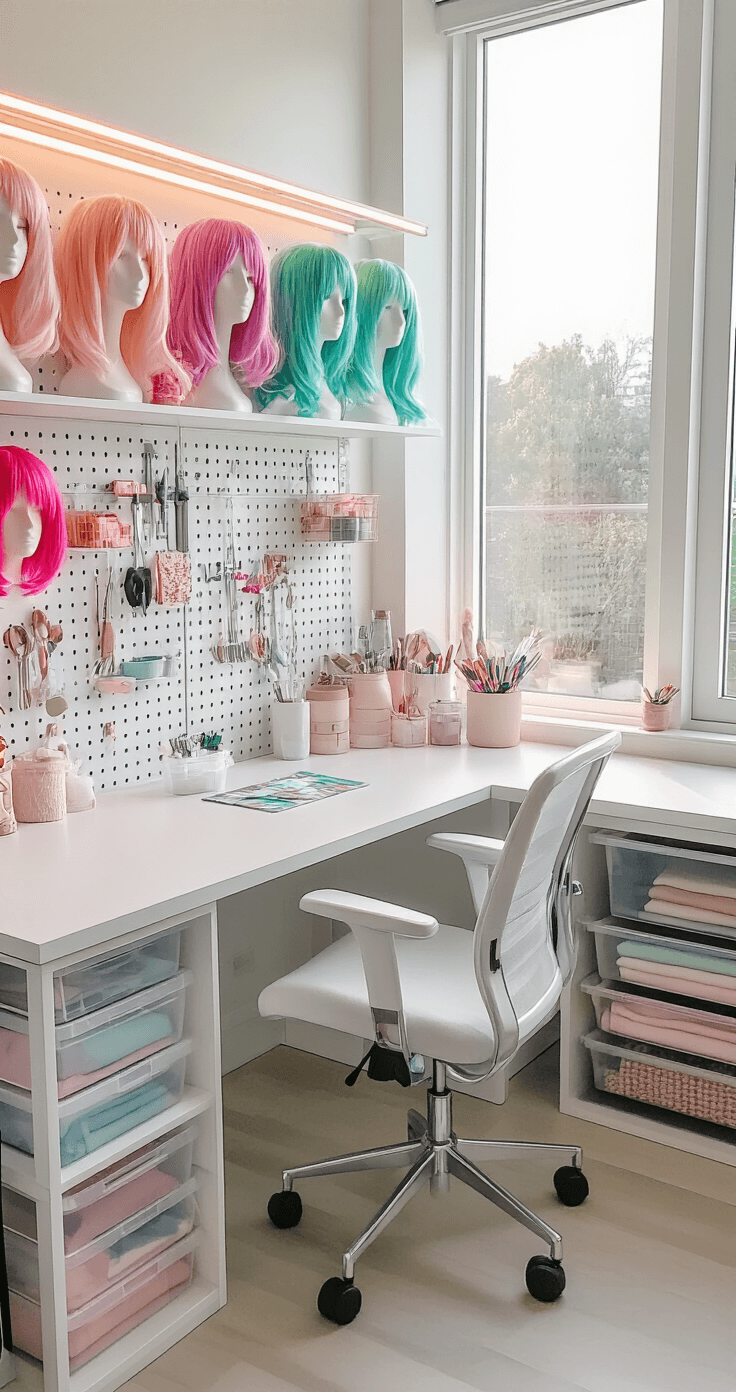 Create Your Ultimate Cozy Cosplay Corner: A Creative Haven for Costume Lovers Bright corner workspace for cosplay crafting featuring an industrial white desk, colorful wigs on pegboard, modular shelving with organized supplies, and soft afternoon light illuminating a pastel color palette.
