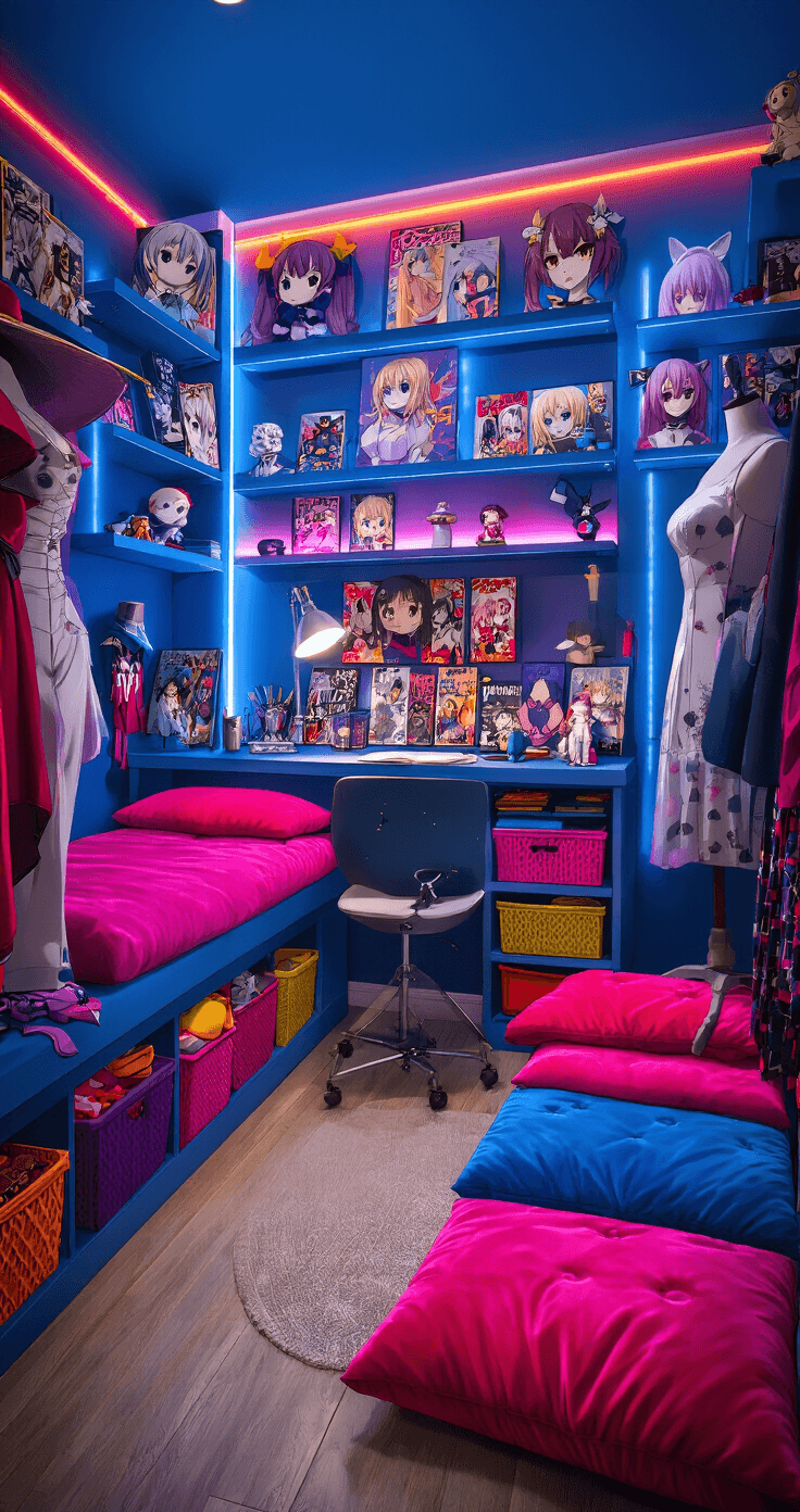 Create Your Ultimate Cozy Cosplay Corner: A Creative Haven for Costume Lovers A cozy anime-inspired cosplay corner in a bedroom alcove, featuring a vibrant color scheme of electric blue, hot pink, and purple. The space showcases floating shelves with manga, figurines, and costume pieces, along with a compact crafting station equipped with wig heads and art supplies. Plush velvet floor cushions and decorative baskets filled with colorful fabric enhance the inviting atmosphere, complemented by warm evening lighting from LED strips. Costume displays on dress forms add to the creative aesthetic in this 6x8 feet alcove.