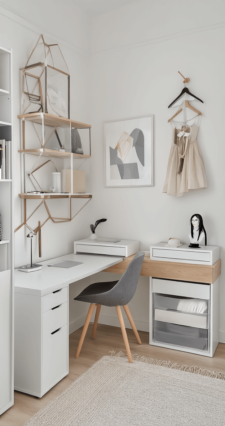 Create Your Ultimate Cozy Cosplay Corner: A Creative Haven for Costume Lovers A minimalist chic cosplay workspace in a modern apartment featuring a clean white corner with sleek Scandinavian-inspired furniture, including a light wood desk and geometric shelving. The organized area showcases clear acrylic storage, simple wig stands, and a statement costume display, illuminated by natural morning light and a minimalist desk lamp.