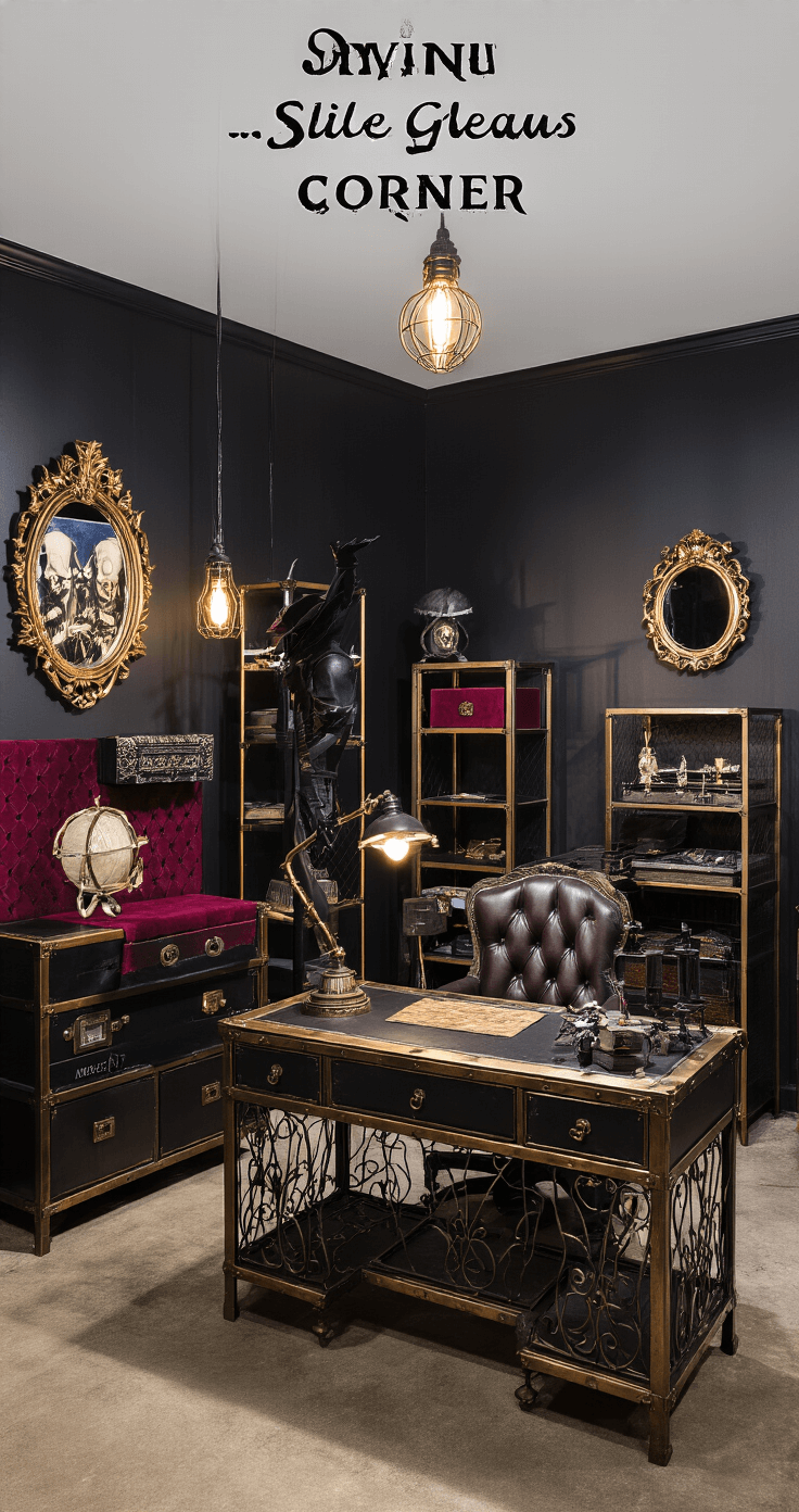 Create Your Ultimate Cozy Cosplay Corner: A Creative Haven for Costume Lovers A dark, atmospheric cosplay corner designed for a gothic superhero theme, featuring deep charcoal walls, a vintage industrial desk, and luxurious textures of leather and velvet, adorned with collectibles, ornate mirrors, and brass accents, illuminated by layered lighting with Edison bulbs and colored LEDs, creating dramatic shadows and a rich color palette of midnight black, deep burgundy, and antique gold.