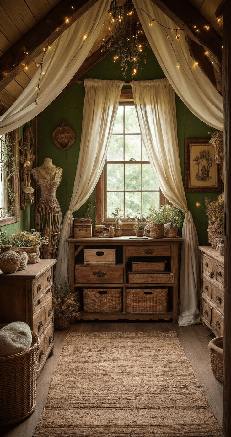 Create Your Ultimate Cozy Cosplay Corner: A Creative Haven for Costume Lovers A cozy crafting sanctuary in a fantasy realm, featuring rustic wooden furniture, flowing fabric drapes, and an earthy color palette of forest green, warm browns, and soft golds. The space is adorned with wicker baskets, wooden wig stands, vintage-style storage trunks, and layered rugs. Soft golden hour lighting from a window and warm LED strips enhance the whimsical ambiance created by fairy lights, dried flowers, and fantasy art prints. The camera is positioned slightly elevated, capturing the intimate arrangement of creative elements.