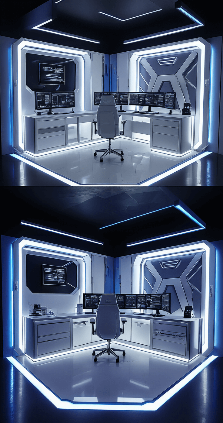 Create Your Ultimate Cozy Cosplay Corner: A Creative Haven for Costume Lovers A modern sci-fi command center cosplay workspace featuring sleek white and chrome furniture, LED accent lighting, and multiple monitors. The design showcases a cool color palette of electric blue, silver, and stark white, with modular storage systems and geometric patterns, all captured in an evening shot with dramatic colored lighting effects.