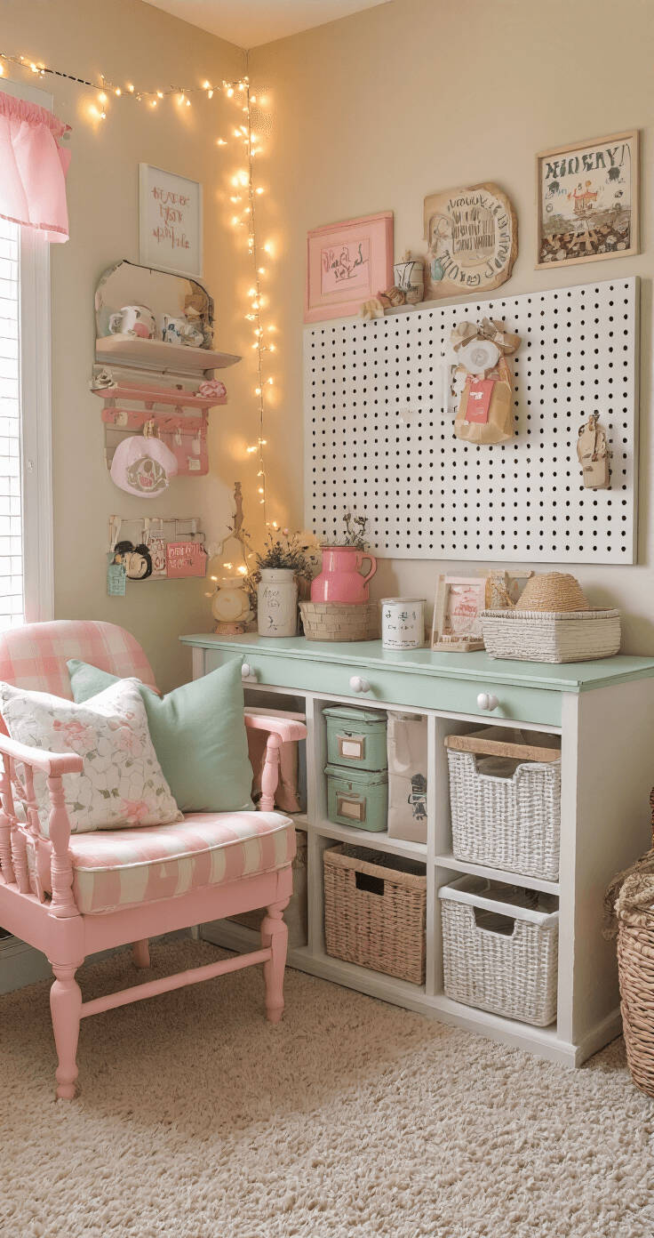 Create Your Ultimate Cozy Cosplay Corner: A Creative Haven for Costume Lovers Cozy budget-friendly cosplay corner featuring thrift store finds and DIY elements, with pastel-painted upcycled furniture, handcrafted pegboard organization, and creative storage solutions. The warm atmosphere is enhanced by string lights and personal artwork, showcasing a soft pink, sage green, and cream color scheme. A comfortable secondhand chair adorned with cushions sits in natural afternoon light, highlighting the charming thrifted transformation.