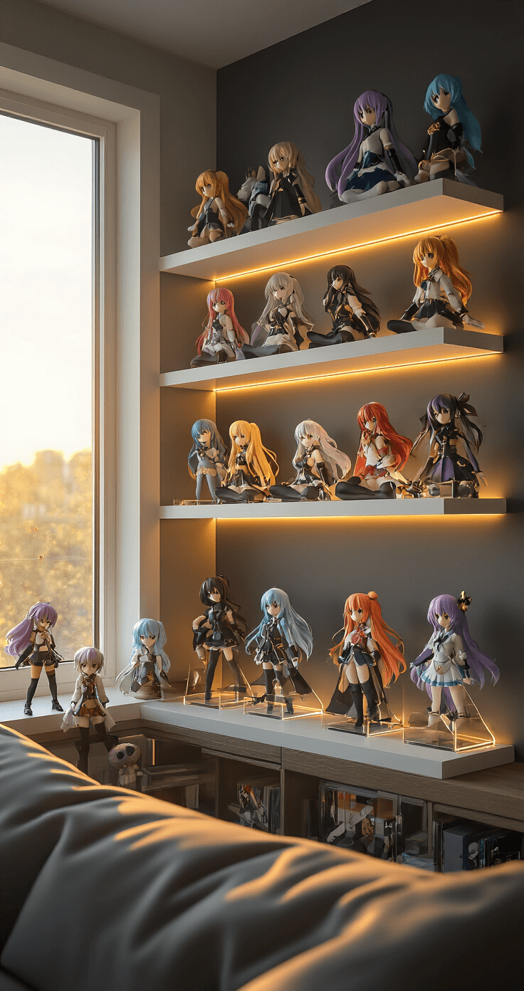 Displaying Figures with Style: A Comprehensive Guide to Stunning Visual Arrangements A modern living room corner with floating white oak shelves on a charcoal gray wall, illuminated by golden hour sunlight. Anime figures in dynamic poses are displayed on clear acrylic risers, with soft LED strip lighting beneath the shelves enhancing the ambiance. The camera captures the scene at eye level from a 45-degree angle, showcasing intricate details of the figures in a warm and inviting collector-focused atmosphere.