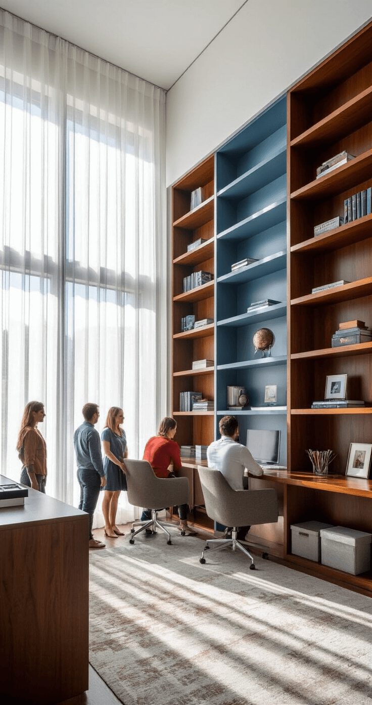 Displaying Figures with Style: A Comprehensive Guide to Stunning Visual Arrangements Wide shot of a modern home office featuring floor-to-ceiling built-in display shelves with color-coordinated decor, warm red items on lower shelves and cool blue and silver accents above, illuminated by soft morning light filtering through sheer curtains, set against a backdrop of mahogany wood grain and white walls.