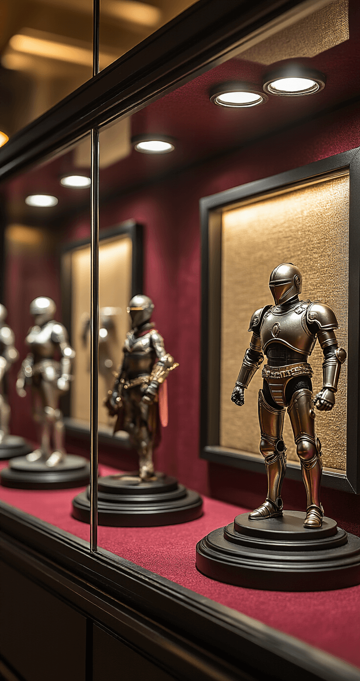 Displaying Figures with Style: A Comprehensive Guide to Stunning Visual Arrangements Close-up of a glass display cabinet showcasing premium collectible figures on rotating black platforms, illuminated by focused spotlights, with dramatic shadows and rich burgundy felt backing that highlights the metallic finishes.
