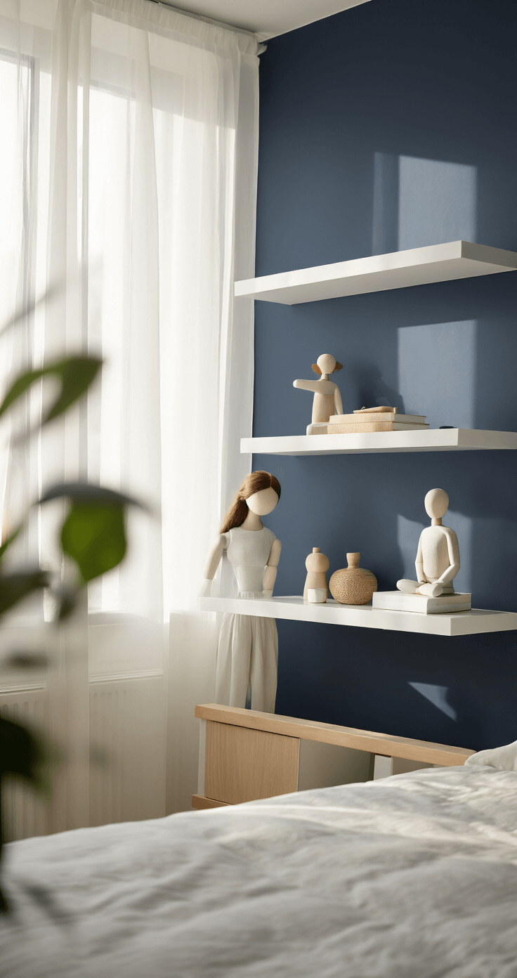 Displaying Figures with Style: A Comprehensive Guide to Stunning Visual Arrangements Minimalist bedroom corner with white floating shelves on a navy wall, illuminated by soft afternoon light. Figures in dynamic poses create a visual story, complemented by Scandinavian design elements like light woods and a muted color palette, captured at eye level with a shallow depth of field.