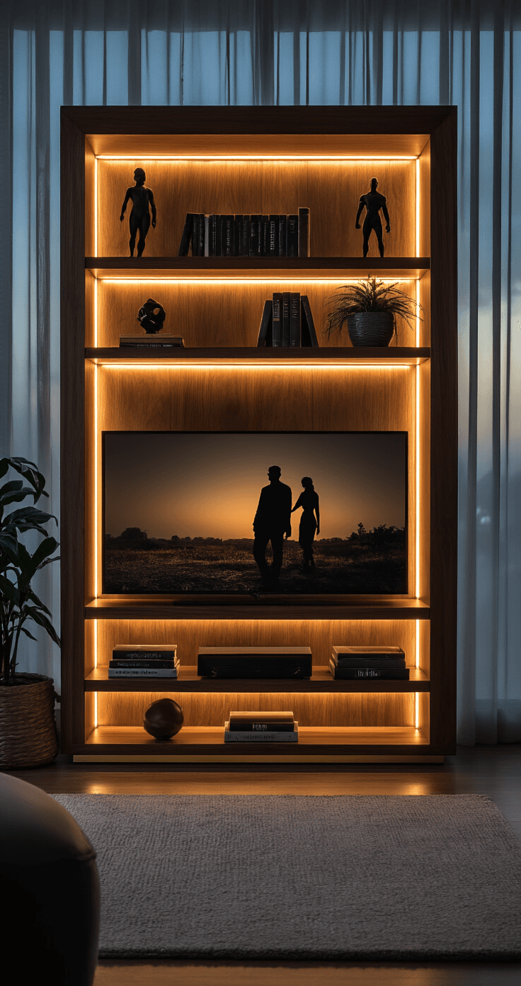Displaying Figures with Style: A Comprehensive Guide to Stunning Visual Arrangements Dynamic shot of a contemporary entertainment center with built-in shelving, featuring integrated LED lighting that casts dramatic backlighting. The display showcases figures, books, and plants against a backdrop of rich walnut wood grain and brass hardware, creating striking silhouettes. The low camera angle emphasizes the impressive scale and moody cinematic lighting enhances the high contrast for an editorial-style effect.