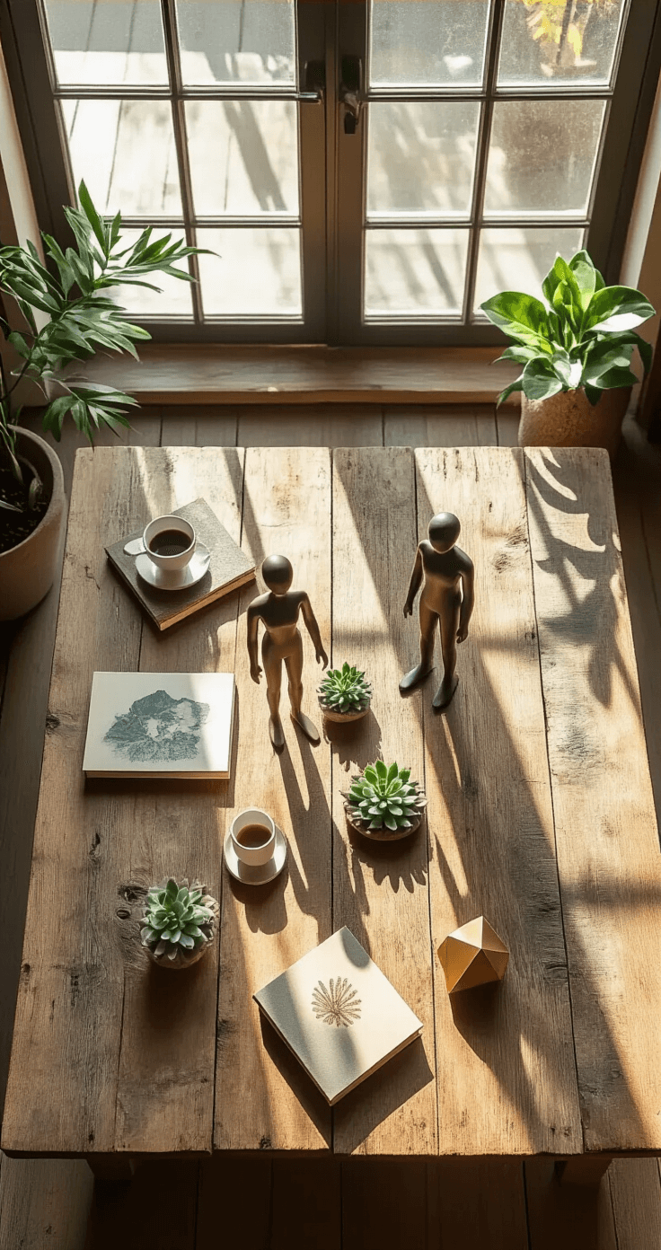 Displaying Figures with Style: A Comprehensive Guide to Stunning Visual Arrangements Overhead view of a coffee table arrangement featuring succulents, art books, and metallic geometric objects on a reclaimed wood surface, illuminated by bright morning light, styled using the rule of thirds with negative space.