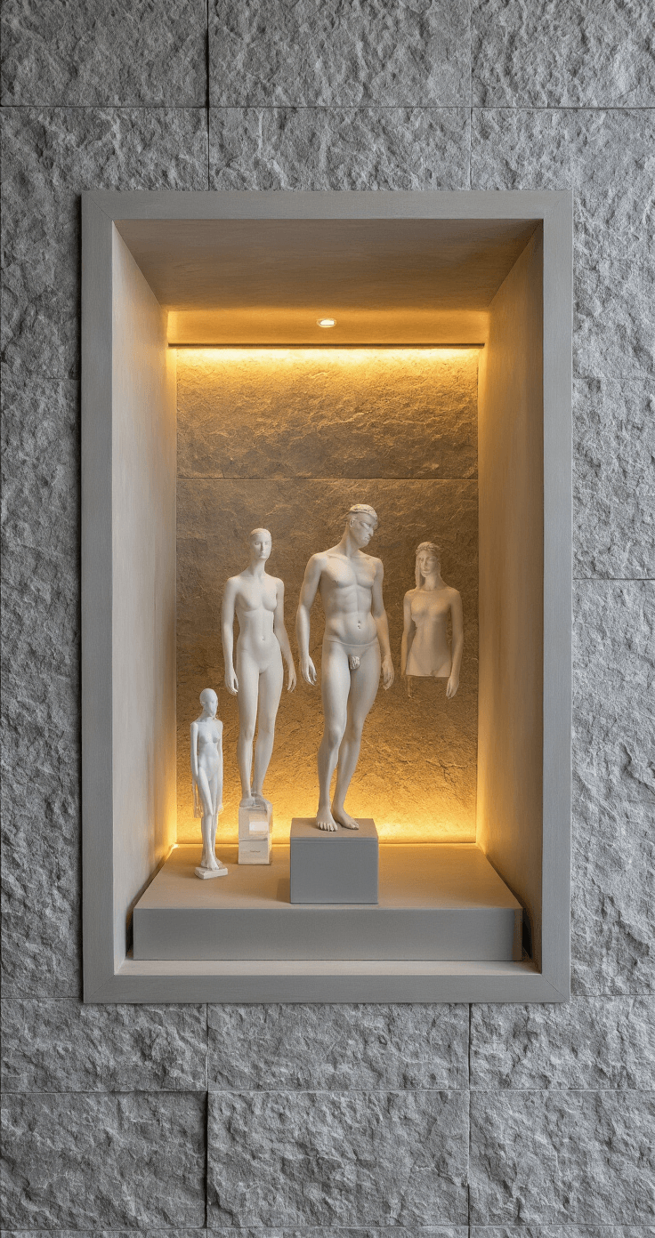 Displaying Figures with Style: A Comprehensive Guide to Stunning Visual Arrangements Interior shot of a custom-built display niche featuring warm ambient lighting, showcasing figures with museum-style spacing against a textured gray stone wall, illuminated by built-in spotlights for a gallery-quality presentation.