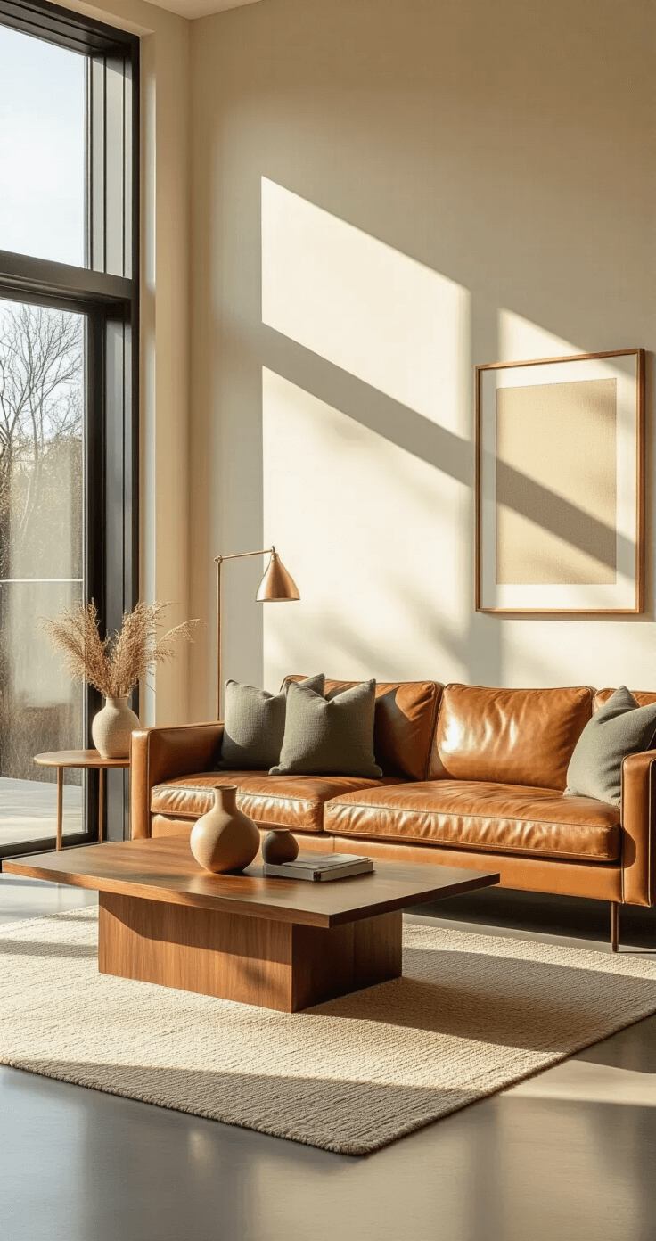 Mastering Home Photography: Capture Your Space Like a Pro A cozy modern living room bathed in golden hour light, featuring a cognac brown mid-century leather sofa, sage green linen throw pillows, and a sleek walnut coffee table with a ceramic vase. The polished concrete floors reflect warm shadows on the cream walls, complemented by a wool area rug and a brass accent lamp, all captured in professional photography with a shallow depth of field.