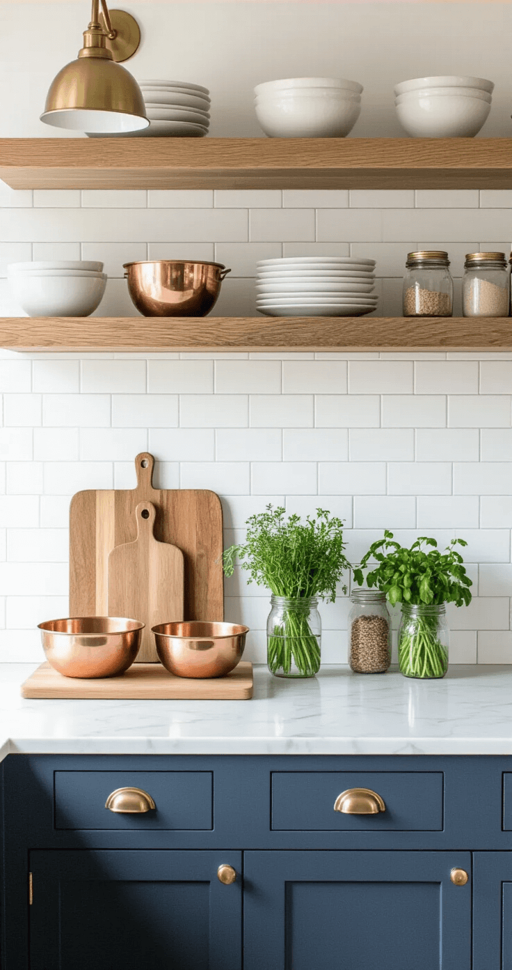 Mastering Home Photography: Capture Your Space Like a Pro A bright kitchen with morning light illuminating white subway tile, marble countertops showcasing a wooden cutting board and copper bowls, and fresh herbs in glass jars. Charcoal blue lower cabinets and natural oak upper shelving feature vintage brass fixtures, all captured from a counter-height, wide angle perspective that emphasizes clean lines and organized decor, creating an inviting culinary atmosphere.