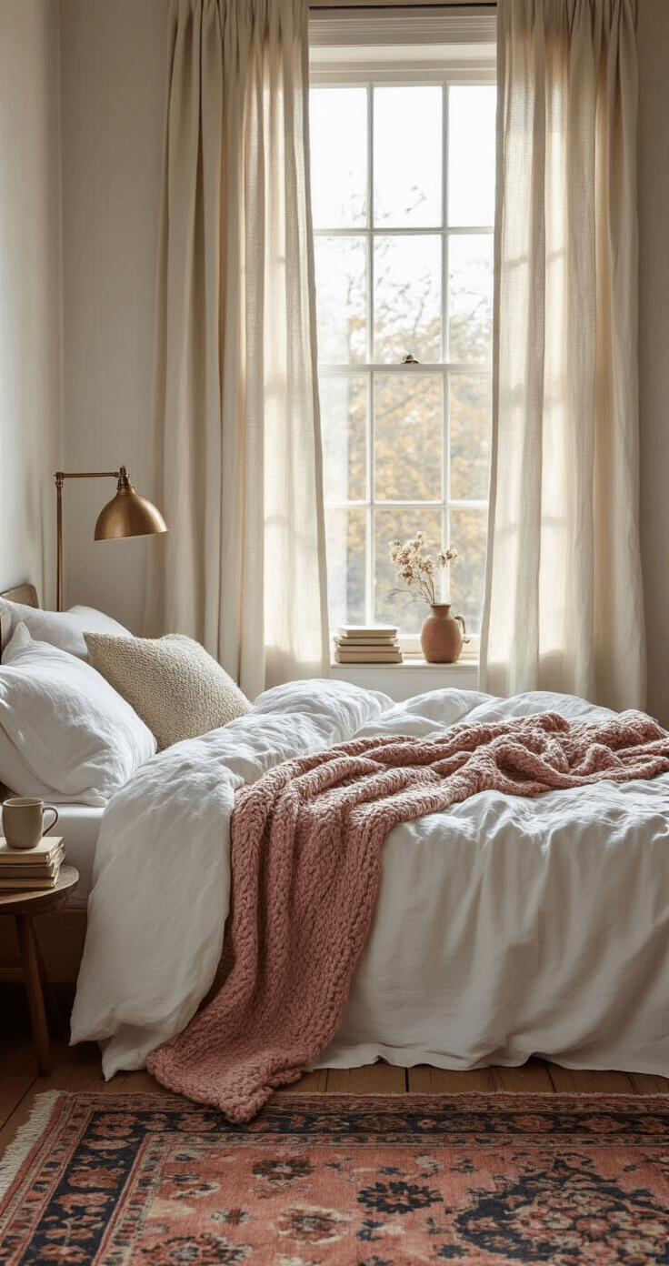 Mastering Home Photography: Capture Your Space Like a Pro Cozy bedroom with an unmade bed featuring rumpled white sheets and a dusty rose chunky knit throw, warm light filtering through linen curtains, vintage Persian rug, stacked books, a ceramic mug, and dried flowers, all under a romantic, moody atmosphere with shallow focus on textural details.