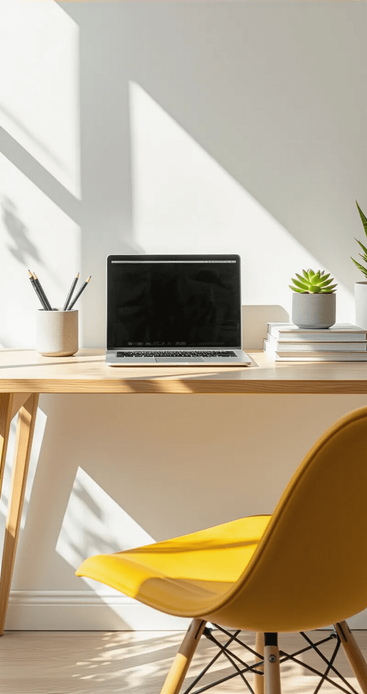Mastering Home Photography: Capture Your Space Like a Pro A minimalist home office featuring a natural wood desk with a MacBook, ceramic pen holder, small succulent in a concrete planter, and a stack of design books. A mid-century mustard yellow chair adds color against white walls, all captured in bright, even lighting for a modern aesthetic.