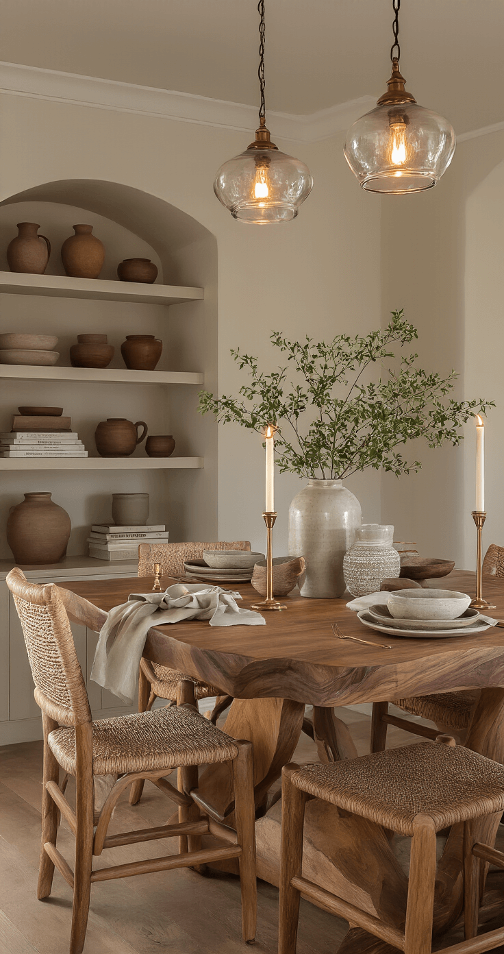 Mastering Home Photography: Capture Your Space Like a Pro Elegant dining room bathed in soft evening light, featuring a live-edge walnut table set with handmade ceramic dinnerware, linen napkins, and brass candlesticks. Woven dining chairs surround the table, while built-in shelving showcases curated ceramics and books, creating a cozy, inviting atmosphere.