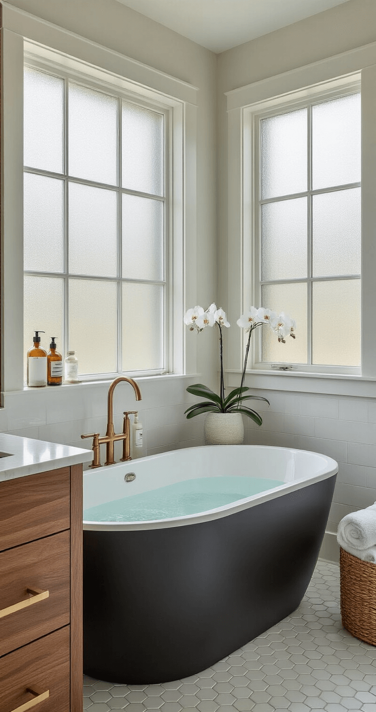 Mastering Home Photography: Capture Your Space Like a Pro Luxurious spa-like bathroom featuring a matte black freestanding oval tub, marble hexagon floor tiles, and a warm walnut floating vanity, elegantly styled with rolled Turkish towels, glass apothecary bottles, and a small orchid, all illuminated by soft natural light through a frosted glass window.