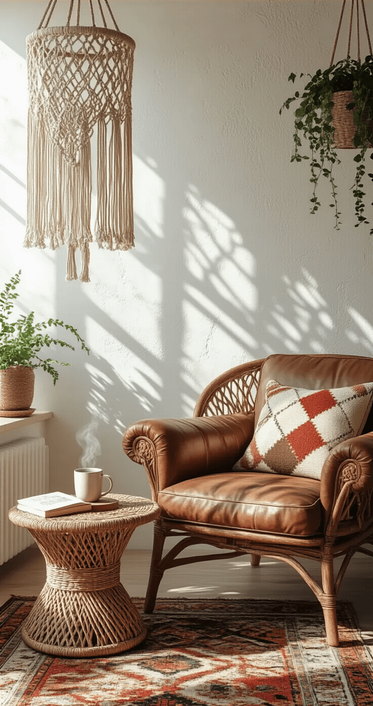 Mastering Home Photography: Capture Your Space Like a Pro Cozy bohemian reading nook featuring vintage leather armchair with patchwork cushions, rattan side table with a steaming coffee mug, and worn paperback books, all illuminated by afternoon sunlight filtering through macrame hangings, casting intricate shadows on textured white walls, surrounded by layered Persian rugs and hanging plants.