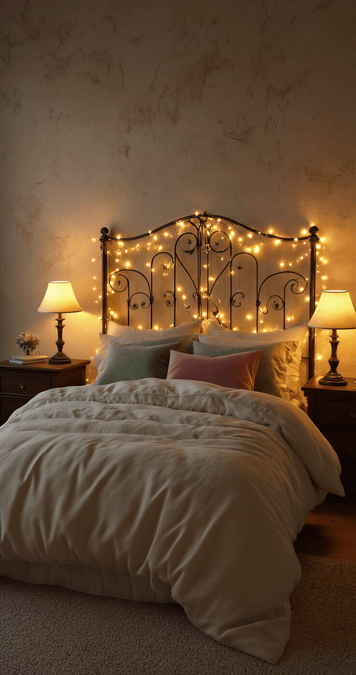 Magical Nighttime Room Lighting: Transform Your Space into an Enchanting Retreat Photorealistic bedroom scene at night, featuring warm fairy lights on a wrought iron headboard, cream linen bedding, and amber table lamps on mahogany nightstands, creating a cozy atmosphere with soft cashmere pillows in dusty rose and sage green.