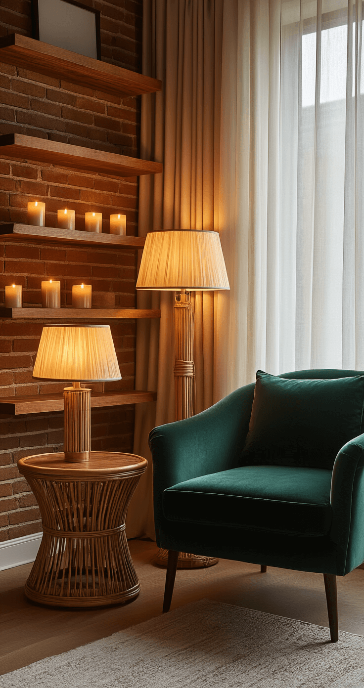 Magical Nighttime Room Lighting: Transform Your Space into an Enchanting Retreat Intimate living room corner featuring soft ambient lighting from silk-shaded lamps and a rattan floor lamp, with a plush emerald armchair beside floating walnut shelves adorned with battery candles, all illuminated by evening golden hour light filtering through sheer curtains.