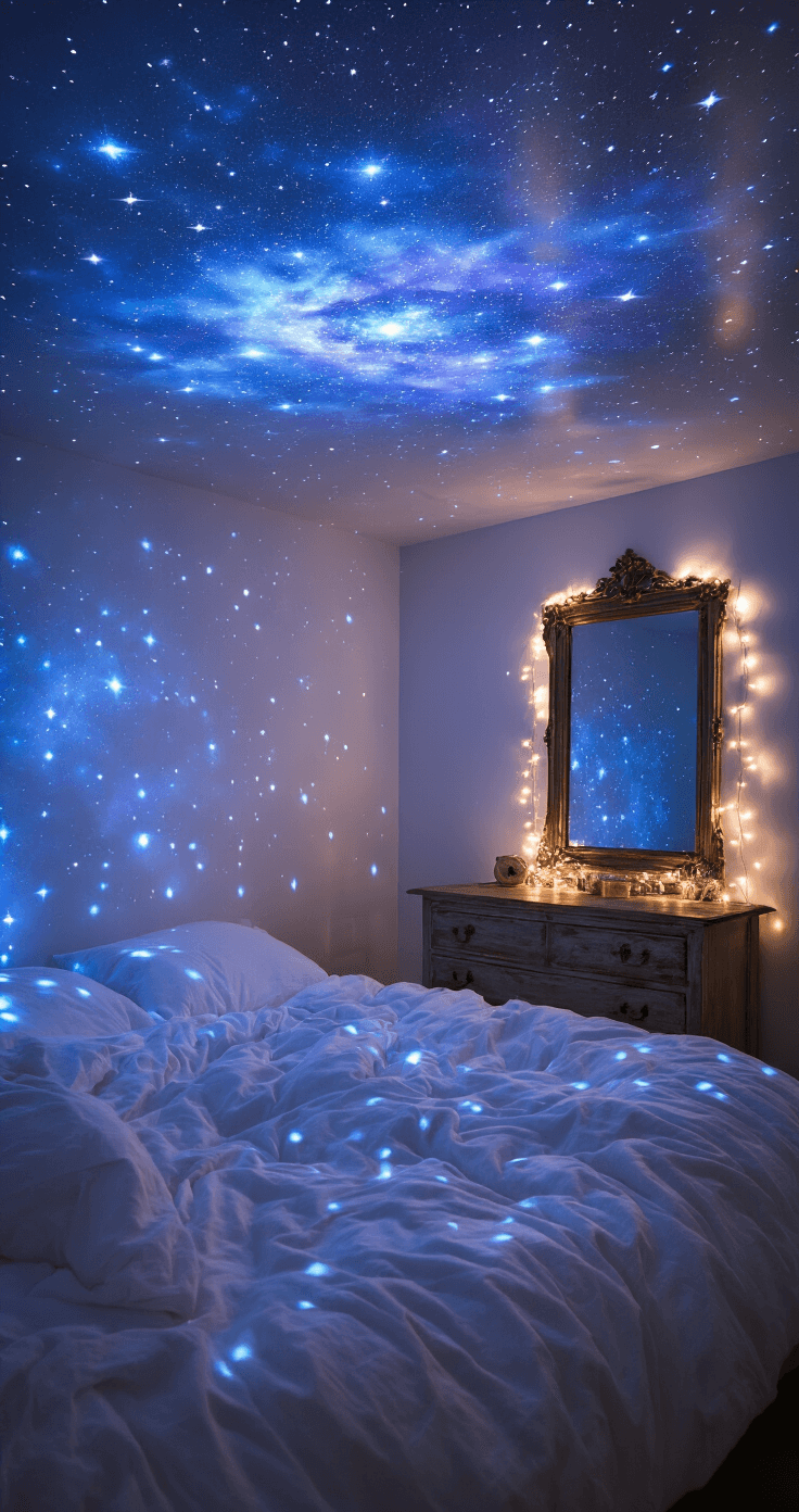 Magical Nighttime Room Lighting: Transform Your Space into an Enchanting Retreat Enchanting bedroom illuminated by a galaxy projector, casting blue-purple nebula patterns across white walls and ceiling. Starfield projections dance over rumpled white bedding and oak furniture, with soft fairy lights framing a vintage mirror, creating a dreamy celestial atmosphere at 10 PM.