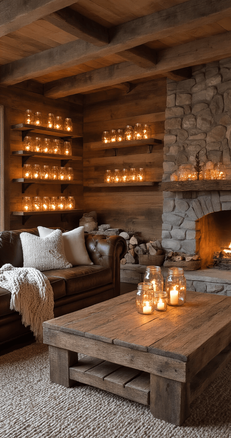 Magical Nighttime Room Lighting: Transform Your Space into an Enchanting Retreat Cozy rustic living room with DIY mason jar fairy lights on a reclaimed wood coffee table and floating shelves, warm amber light illuminating a distressed leather sofa with chunky knit throws near a stone fireplace, all in warm earth tones.