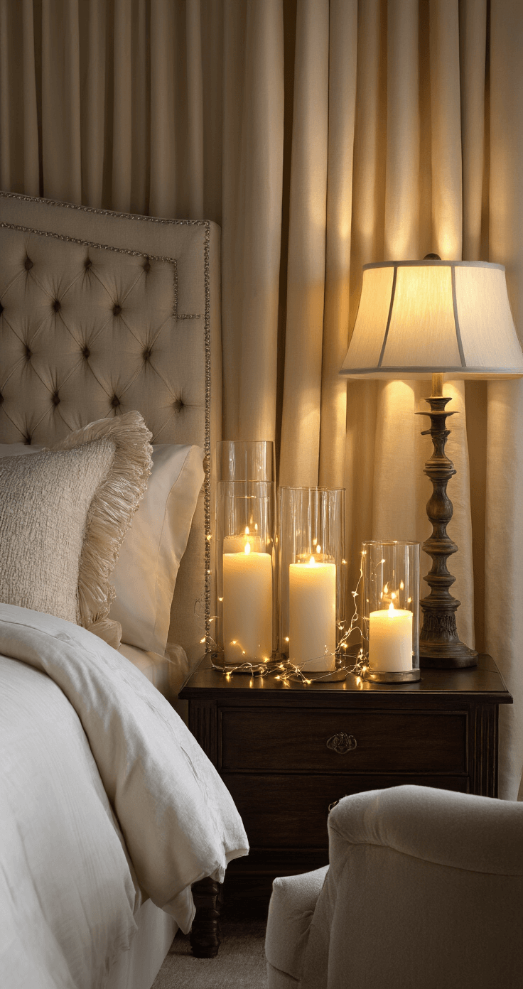 Magical Nighttime Room Lighting: Transform Your Space into an Enchanting Retreat Sophisticated bedroom with clustered flameless candles on dark walnut surfaces, wrapped in fairy lights, featuring a tufted linen headboard and cream silk lampshades, creating a warm and romantic ambiance.