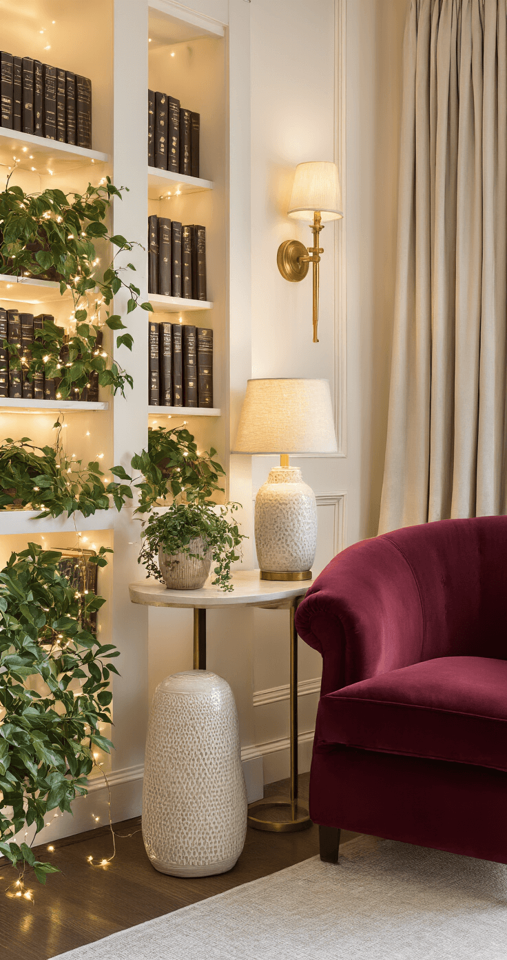 Magical Nighttime Room Lighting: Transform Your Space into an Enchanting Retreat Cozy reading nook with brass wall sconces by built-in bookshelf, a textured ceramic table lamp, fairy lights in plants, an overstuffed burgundy velvet chair near a window with flowing curtains, all illuminated by warm ambient lighting in deep reds, brass, and soft cream tones.