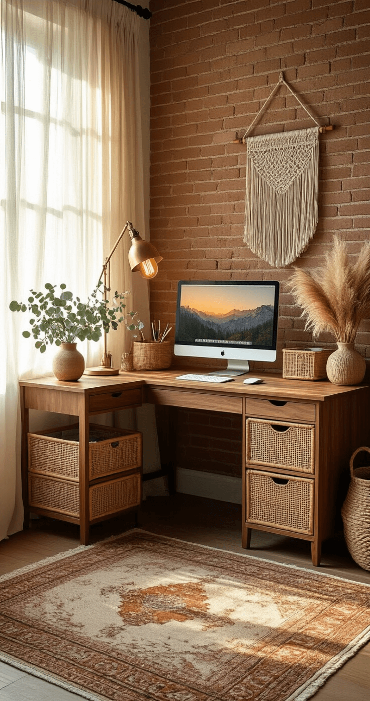 Themed Desk Organization Ideas: Transform Your Workspace into a Stylish Sanctuary A cozy boho-chic home office featuring a walnut L-shaped desk against an exposed brick wall, illuminated by golden hour lighting. The space includes rattan desk organizers with eucalyptus, a macramé wall hanging, a brass task lamp, layered Persian rugs, woven baskets, and dried pampas grass in a ceramic vase, accented with warm earth tones and sage green touches.