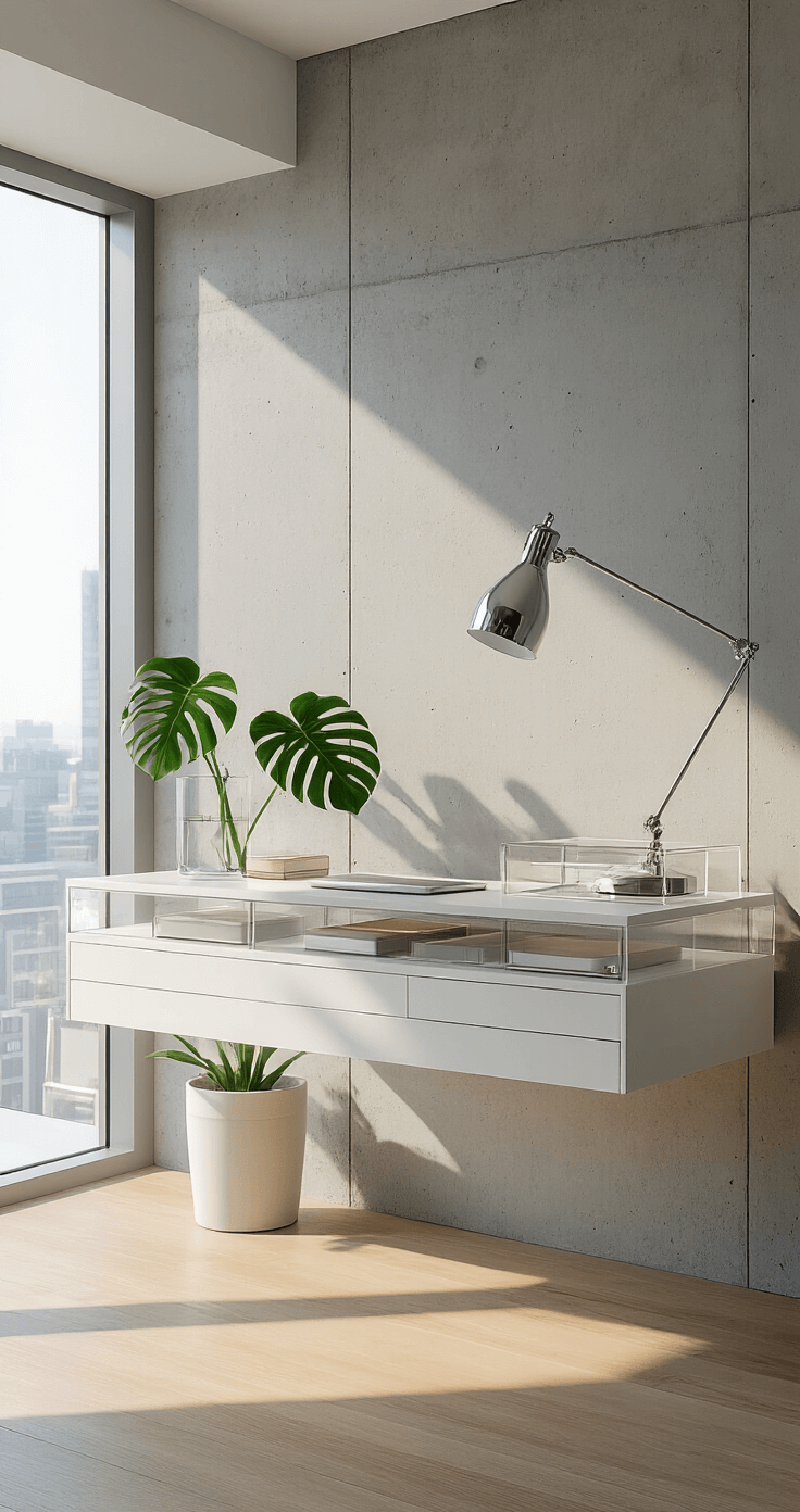 Themed Desk Organization Ideas: Transform Your Workspace into a Stylish Sanctuary A modern minimalist workspace featuring a white oak desk against floor-to-ceiling windows, clear acrylic organizers, a single monstera plant, and a concrete accent wall, illuminated by bright morning light with an emphasis on negative space and Scandinavian design elements.