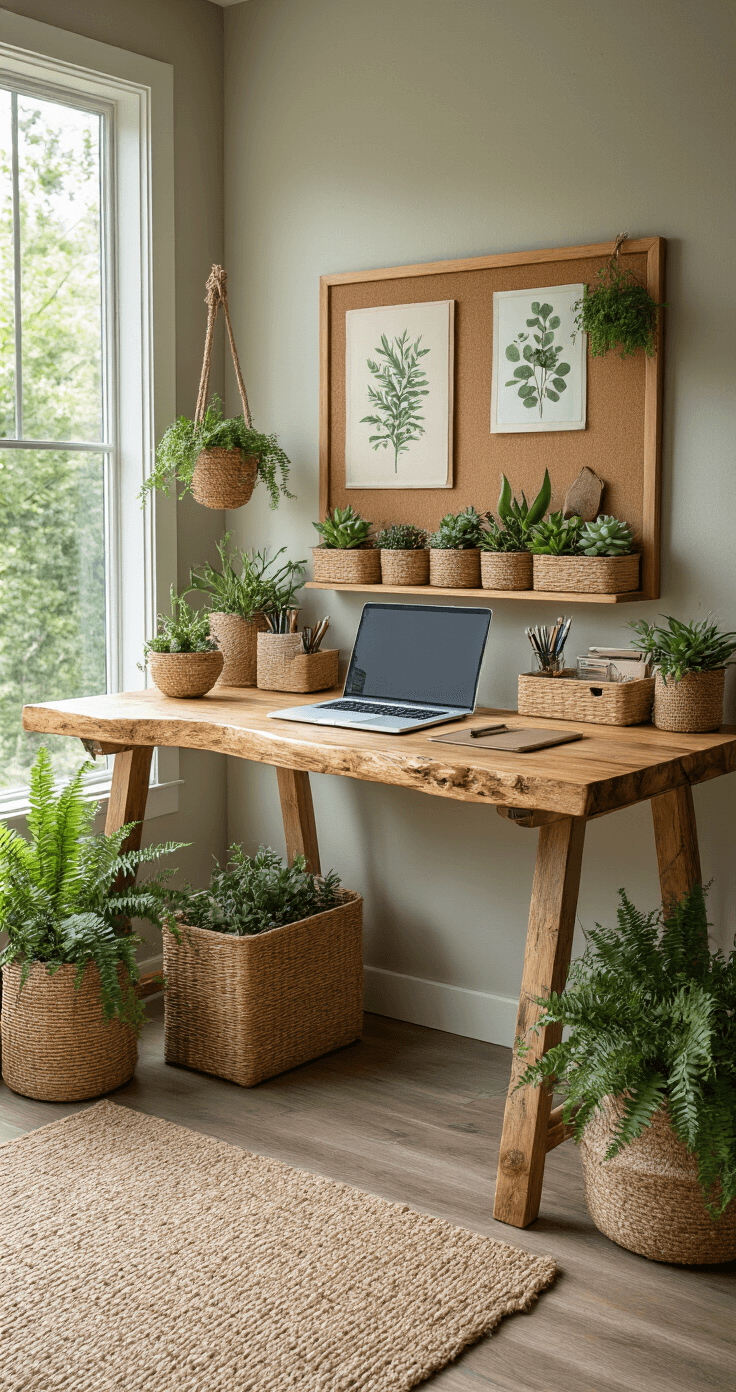 Themed Desk Organization Ideas: Transform Your Workspace into a Stylish Sanctuary Eco-warrior home office featuring a reclaimed wood standing desk, bamboo organizers with succulents, recycled glass pen holders, and botanical prints on a cork board, accented with jute storage baskets and hemp rope, all set on a natural fiber rug in earth tones with forest green highlights, showcasing potted ferns and air plants from a slight overhead angle.