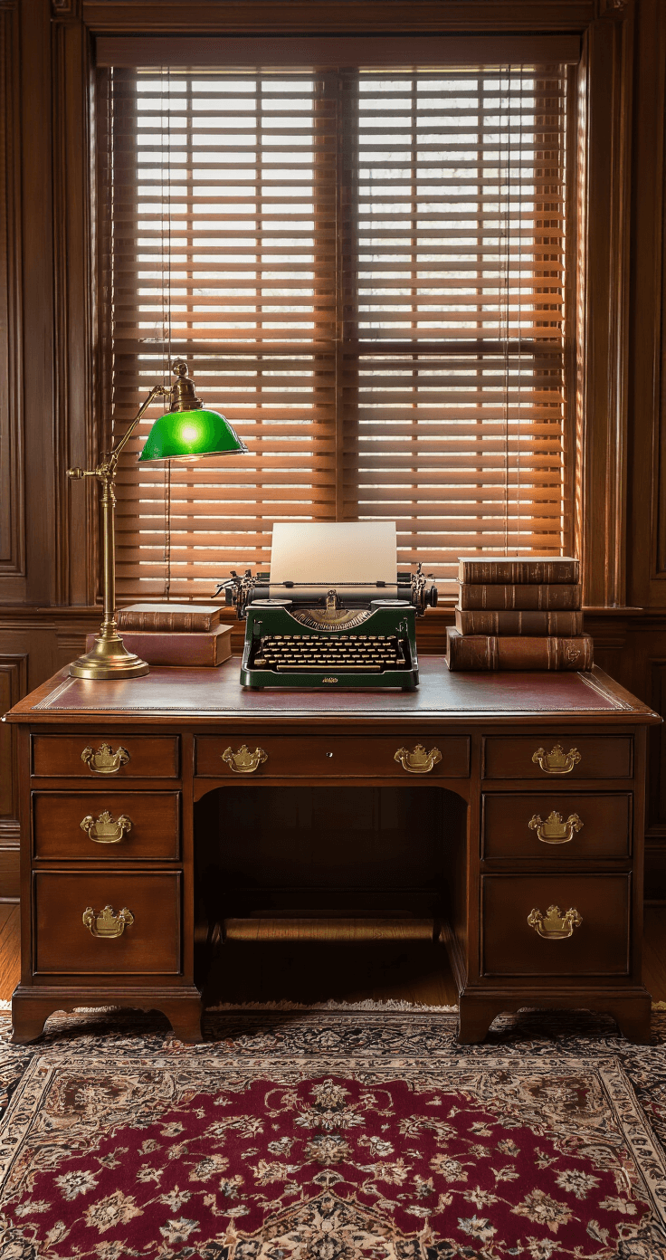 Themed Desk Organization Ideas: Transform Your Workspace into a Stylish Sanctuary A vintage study featuring warm afternoon light filtering through wooden blinds, showcasing a mahogany roll-top desk adorned with brass hardware, a cognac leather desk pad, antique brass paperweights, and a banker's lamp with a green glass shade. Leather-bound books are artfully stacked beside a vintage typewriter, all set on a Persian carpet in deep burgundy, creating a classic and sophisticated atmosphere.
