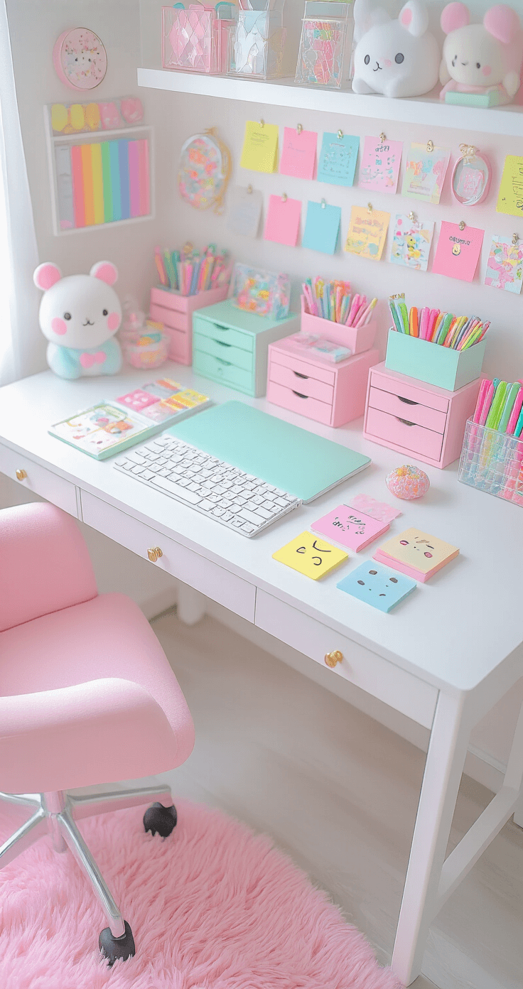Themed Desk Organization Ideas: Transform Your Workspace into a Stylish Sanctuary A vibrant and cheerful workspace featuring a white lacquer desk with rounded edges, pastel pink and mint green organizers, and an array of cute character sticky notes. A colorful collection of rainbow pens sits in clear holders alongside plush desk toys and a display of holographic washi tape. The scene includes a soft pink fuzzy rug and a candy-colored palette, all captured from a playful elevated angle, creating an optimistic pop culture aesthetic.
