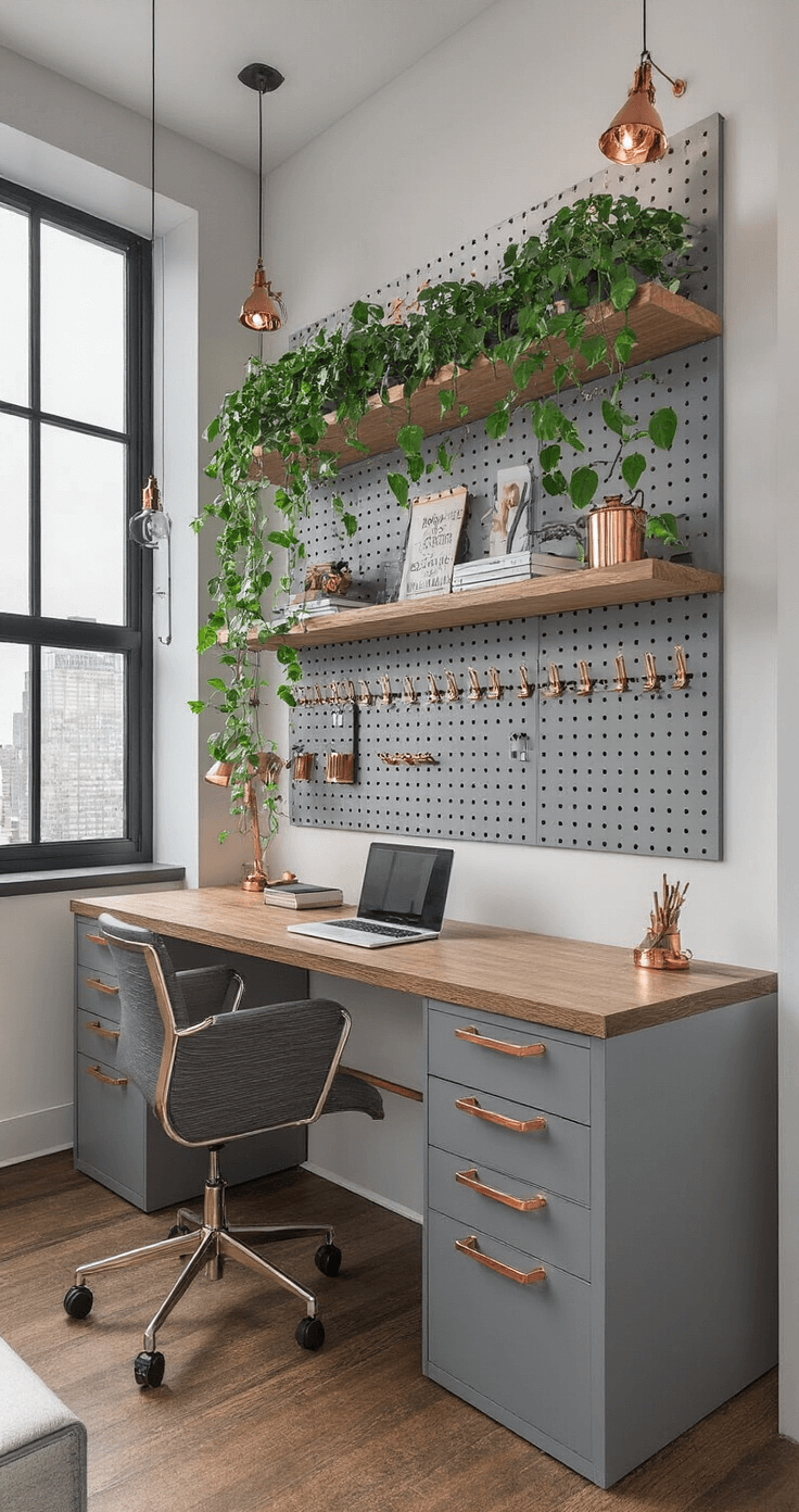 Themed Desk Organization Ideas: Transform Your Workspace into a Stylish Sanctuary A vertical organization system in a stylish industrial loft featuring a narrow desk against a gallery wall, illuminated by dramatic side lighting. The setup includes a floor-to-ceiling pegboard with copper hooks, ascending floating shelves, and a wall-mounted grid system with hanging organizers and vertical file holders. Climbing pothos plants trail elegantly from the upper shelf, all presented in a monochromatic gray and copper color palette, captured from a low angle to highlight the height and design elements.