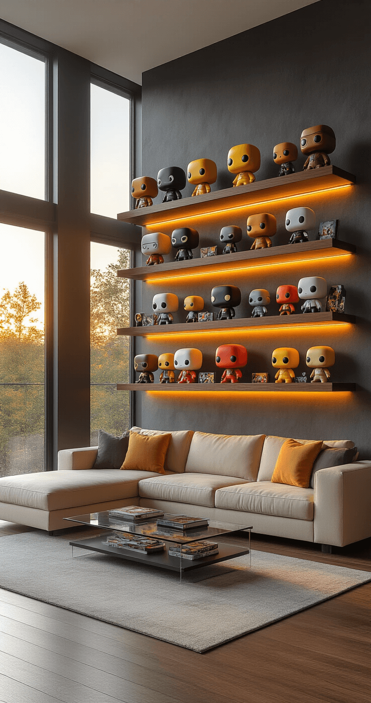 DIY Floating Shelves: The Ultimate Guide to Displaying Your Collectible Figures in Style Cinematic wide shot of a modern living room with DIY floating shelves on a charcoal gray wall, warm golden hour sunlight illuminating colorful Funko Pop and anime collectibles, rich walnut wood shelves with acrylic risers, soft LED strip lighting, a cream sectional sofa, and a glass coffee table.