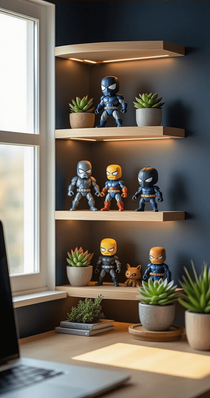 DIY Floating Shelves: The Ultimate Guide to Displaying Your Collectible Figures in Style Intimate close-up of a styled floating shelf corner in a home office, featuring action figures, succulents, and themed props, illuminated by soft morning light. The white oak shelf contrasts with deep navy walls, with vibrant figure details highlighted by warm LED backlighting, and a modern desk setup subtly blurred in the foreground.