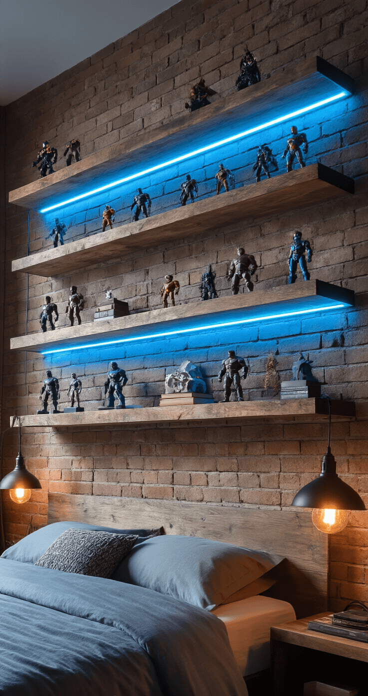 DIY Floating Shelves: The Ultimate Guide to Displaying Your Collectible Figures in Style Dramatic bedroom wall with staggered floating shelves, illuminated by blue LED strip lighting, showcasing collectible figures casting shadows on a brick wall, complemented by warm bedside lamp light.