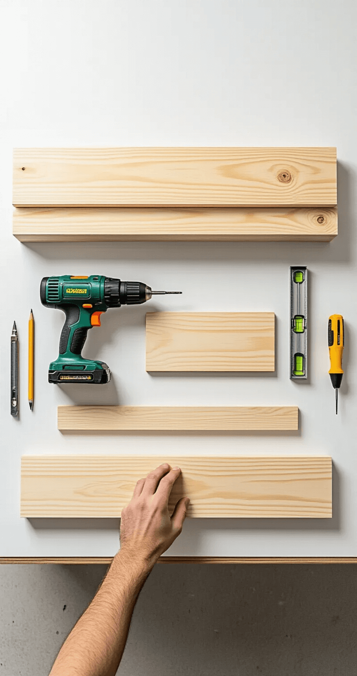 DIY Floating Shelves: The Ultimate Guide to Displaying Your Collectible Figures in Style Professional product photography of a floating shelves installation process in a bright workshop, featuring organized tools on a clean workbench and a craftsman's hands positioning a level against the wall, with visible pencil marks and natural wood grain textures on raw pine boards.