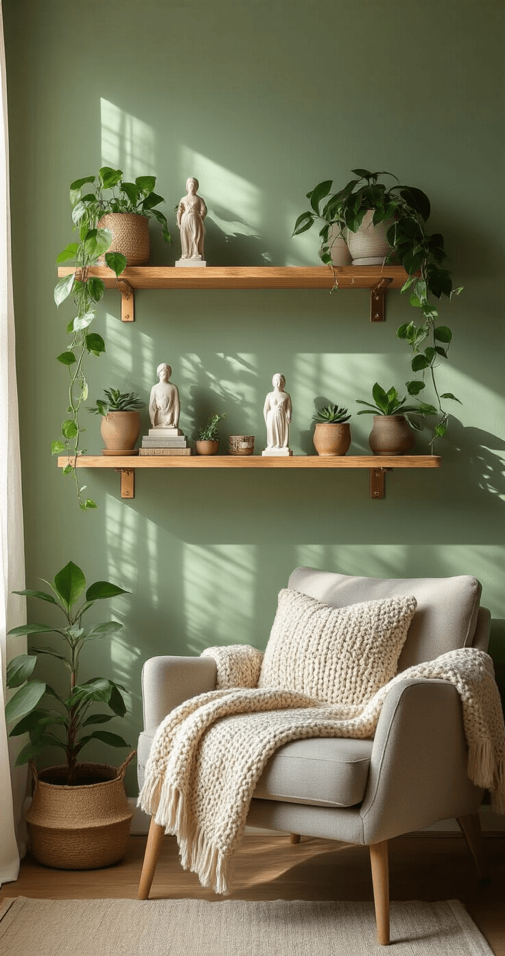 DIY Floating Shelves: The Ultimate Guide to Displaying Your Collectible Figures in Style Cozy reading nook with floating shelves adorned with collectibles and small plants, afternoon light casting shadows on sage green walls, featuring a comfortable reading chair with a chunky knit throw and warm brass accent lighting.