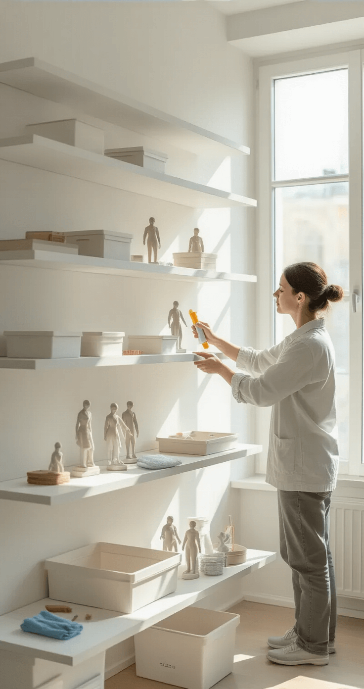 DIY Floating Shelves: The Ultimate Guide to Displaying Your Collectible Figures in Style A collector dusts floating shelves in a bright room, surrounded by small cleaning tools and storage boxes, as natural light illuminates the scene, highlighting the empty shelves awaiting reorganization.