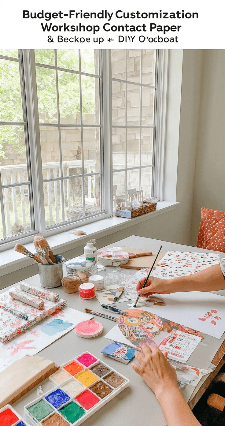 DIY Floating Shelves: The Ultimate Guide to Displaying Your Collectible Figures in Style A vibrant workshop scene showcasing a budget-friendly customization project, with painted shelf edges, decorative contact paper, and DIY backdrop materials. Craft supplies including paint brushes, adhesive papers, and design templates are scattered across a dining table. Before and after shelves illustrate transformation potential. Natural light filters through large windows, illuminating hands applying decorative elements and emphasizing the organized workspace filled with a cheerful color palette against a neutral table surface.