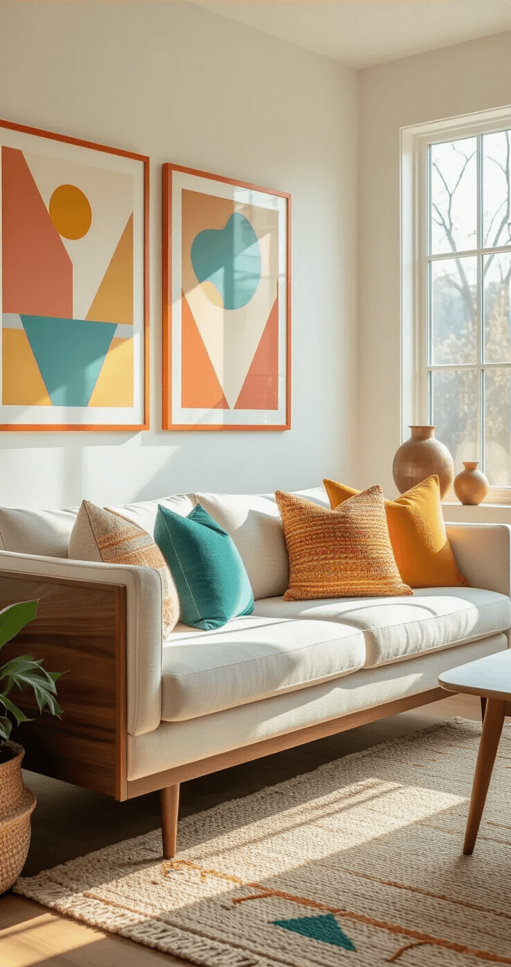 Creative Poster Hanging Display Ideas: Transform Your Walls Without Breaking the Bank A modern living room bathed in golden hour light, featuring white walls with colorful geometric posters bordered by vibrant washi tape. The space includes mid-century walnut furniture, a cream linen sofa with textured throw pillows, and layered decor of ceramic vases, brass accents, and a jute rug with geometric patterns, creating a fresh and creatively curated atmosphere.