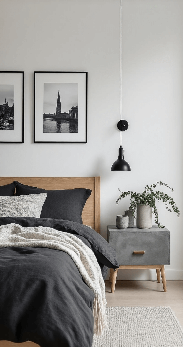Creative Poster Hanging Display Ideas: Transform Your Walls Without Breaking the Bank A minimalist bedroom bathed in morning light, featuring crisp white walls with black and white photography prints held by matte black clips, a Scandinavian oak bed with charcoal linen bedding, concrete nightstands with brass hardware, and layered textures including a wool throw and ceramic planters with greenery. The composition emphasizes clean lines and a serene, gallery-like atmosphere.