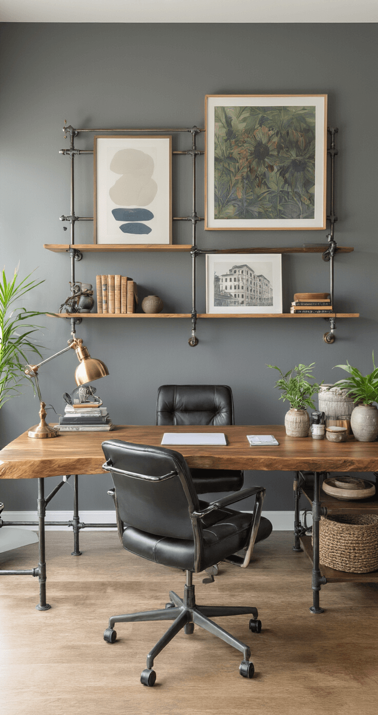 Creative Poster Hanging Display Ideas: Transform Your Walls Without Breaking the Bank Contemporary home office featuring a dove gray accent wall with a poster rail system showcasing rotating art, a live-edge walnut desk with an ergonomic black leather chair, and industrial pipe shelving adorned with curated books and ceramics, all illuminated by afternoon daylight and warm task lighting, creating a creative and polished atmosphere.