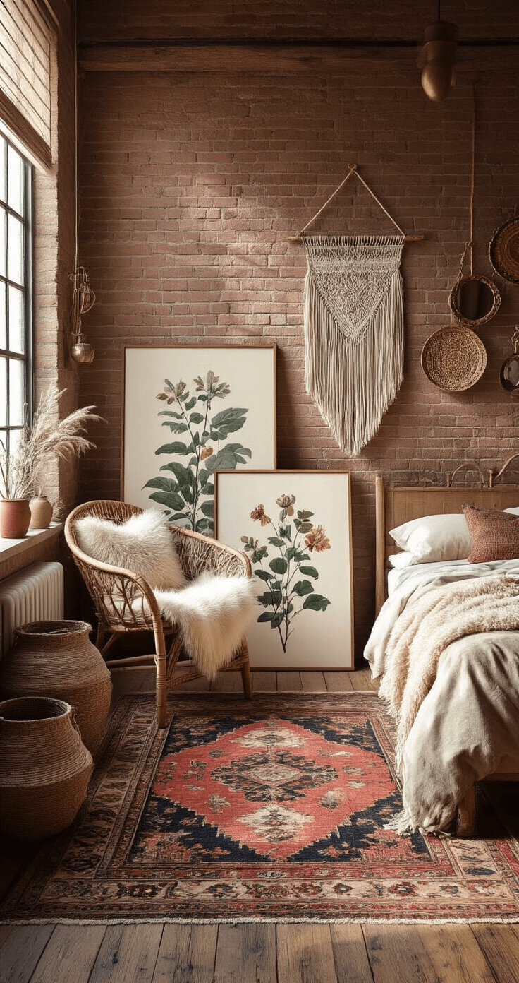 Creative Poster Hanging Display Ideas: Transform Your Walls Without Breaking the Bank A cozy bohemian bedroom corner with large botanical prints against an exposed brick wall, reclaimed wood floors, and a vintage Persian rug. A rattan chair adorned with a sheepskin throw complements the relaxed vibe, while woven baskets, ceramic planters, and brass mirrors add texture. Soft morning light casts warm shadows, enhancing the artistic, lived-in atmosphere.