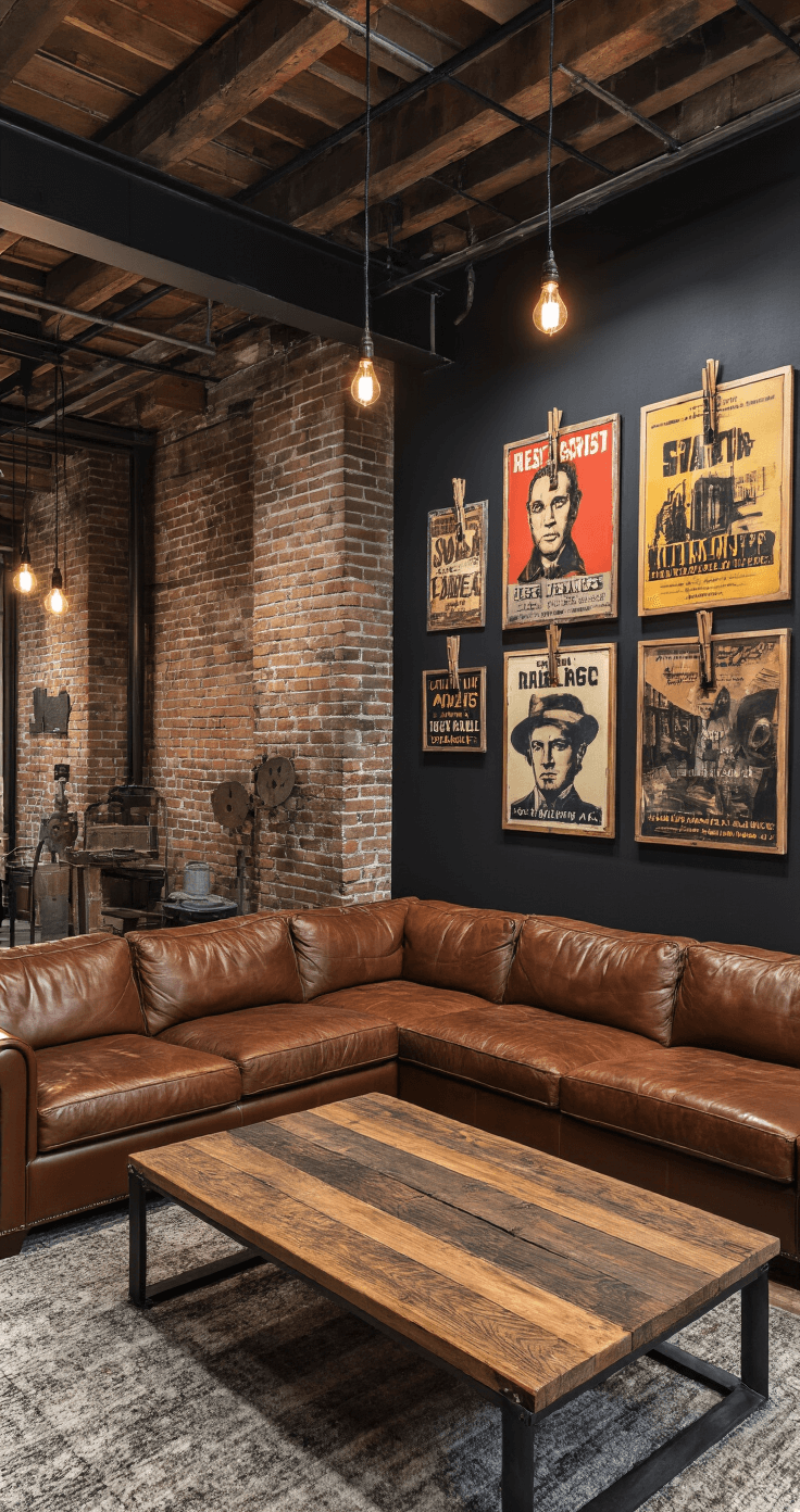 Creative Poster Hanging Display Ideas: Transform Your Walls Without Breaking the Bank A cozy industrial loft living space featuring dramatic evening lighting, dark charcoal walls adorned with vintage movie posters hung on repurposed wooden clip hangers, and a view of a cognac leather sectional and reclaimed wood coffee table. Exposed brick and steel beams highlight the industrial aesthetic, complemented by Edison bulb fixtures and weathered wood accents.