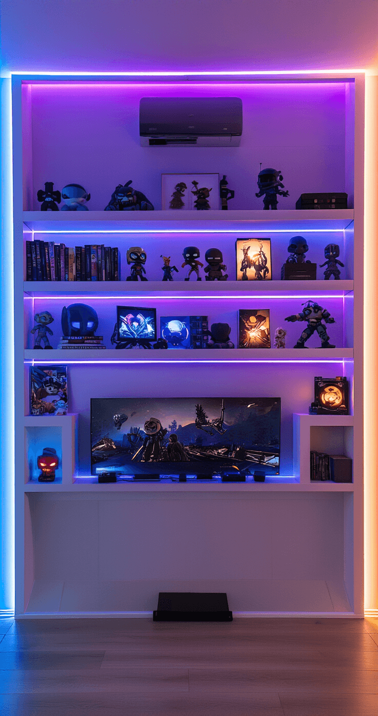 Transform Your Fandom Space: A Lighting and Decor Guide for Ultimate Fan Rooms A modern fandom room featuring programmable LED strip lighting in purple and blue, with illuminated collectibles on contemporary floating shelves, smooth drywall surfaces, and a cinematic atmosphere enhanced by vibrant color saturation.