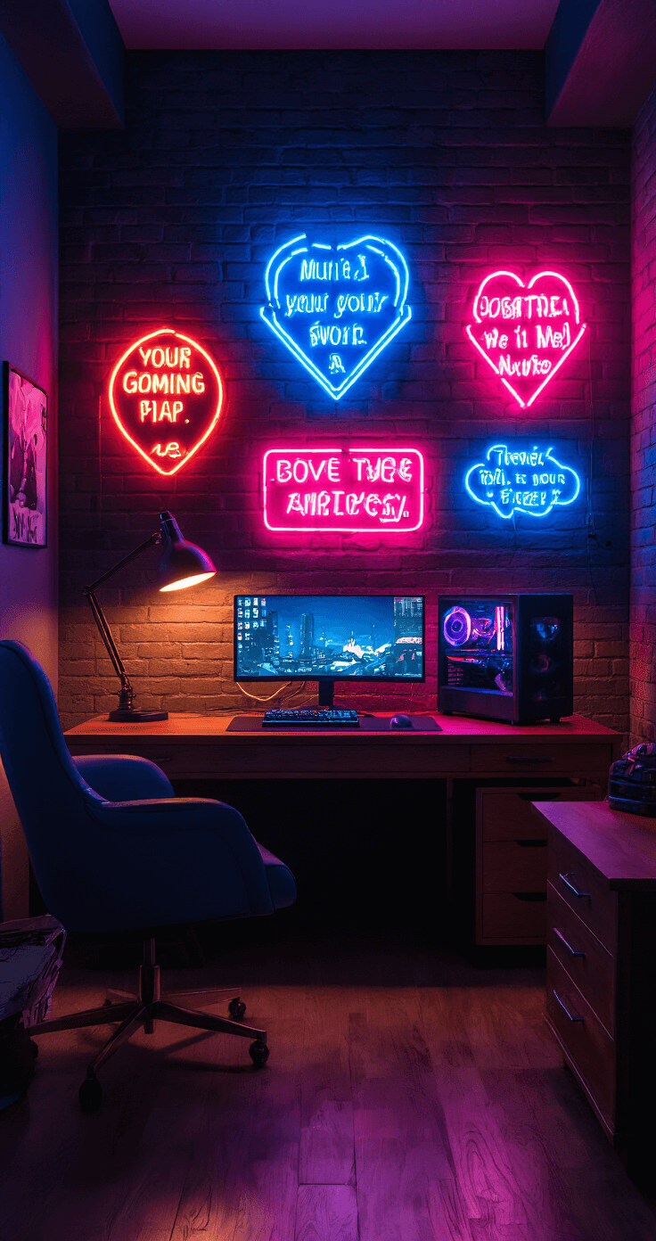 Transform Your Fandom Space: A Lighting and Decor Guide for Ultimate Fan Rooms Interior shot of a gaming setup highlighting iconic neon signs with quotes on dark walls, illuminated by character-themed desk lamps. The scene features mid-century modern furniture, a textured brick accent wall, and a polished wood desk, all bathed in deep blues and electric pinks under dramatic side lighting for a cyberpunk aesthetic.