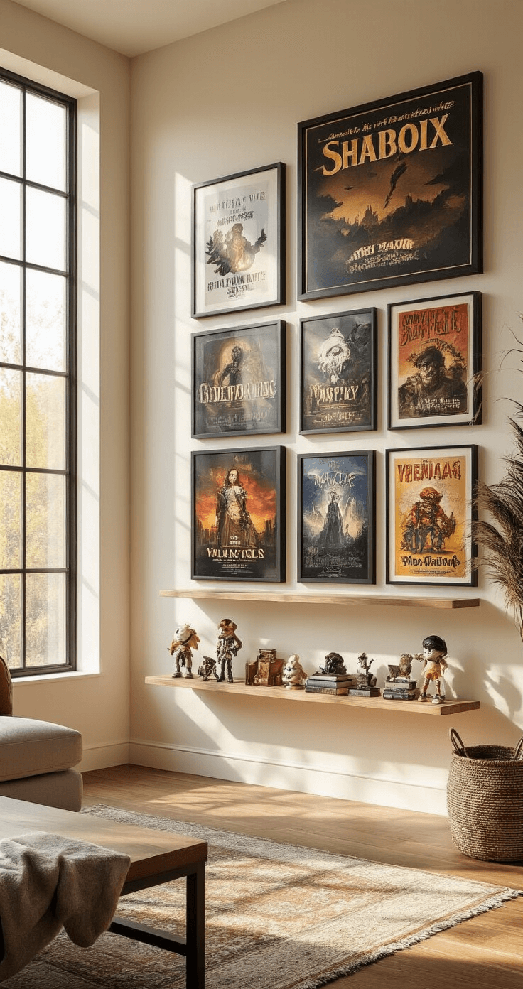 Transform Your Fandom Space: A Lighting and Decor Guide for Ultimate Fan Rooms A cozy gallery wall featuring an assortment of framed fandom posters in different sizes, illuminated by golden hour light. The space includes mixed frame materials of black metal and wood, with floating shelves holding collectible figurines enhanced by backlighting. The room has cream walls, hardwood floors with area rugs, and warm earth tones with metallic accents, creating a sophisticated atmosphere.