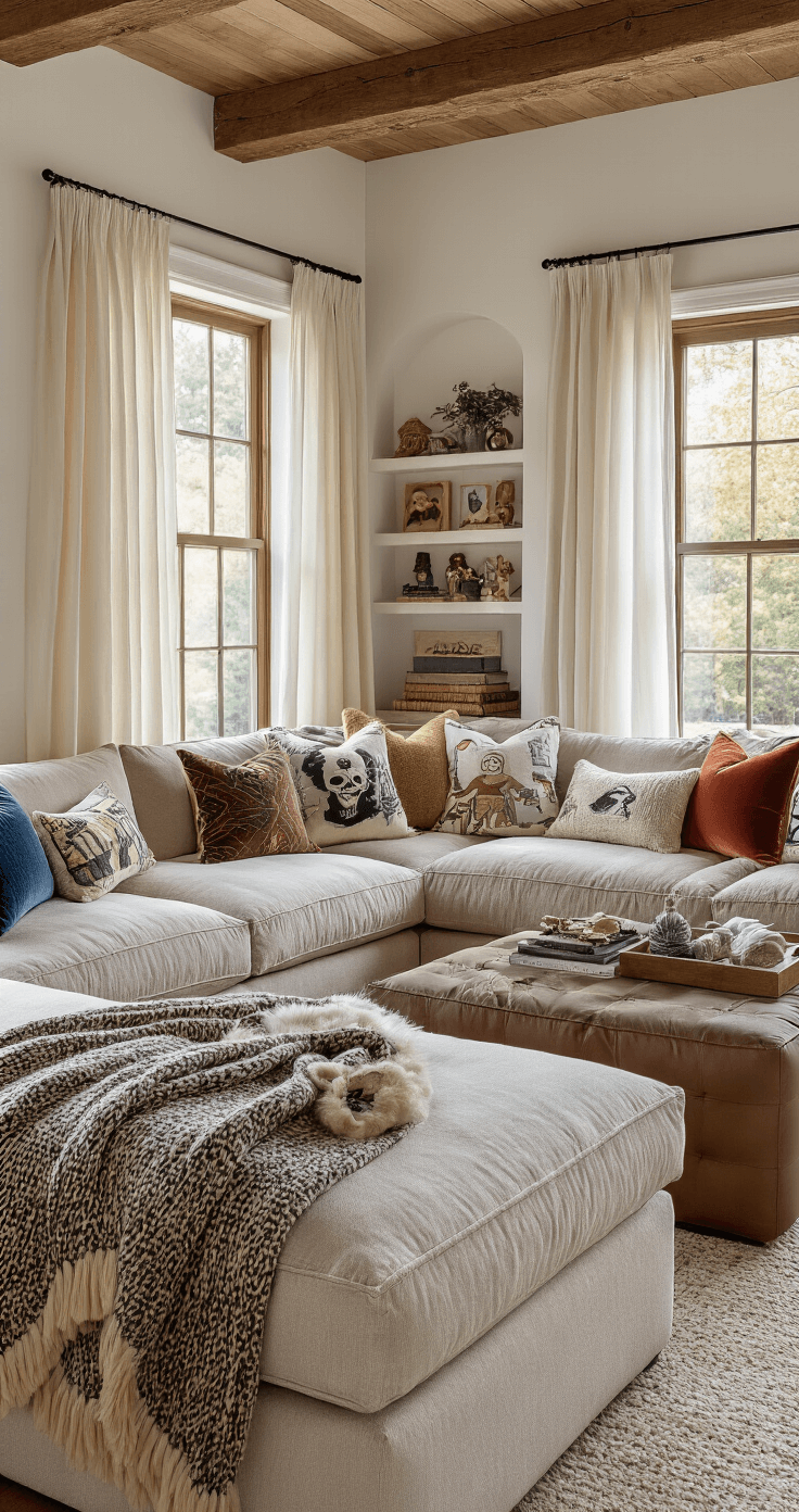 Transform Your Fandom Space: A Lighting and Decor Guide for Ultimate Fan Rooms Cozy seating area with a sectional sofa adorned with character throw pillows and fandom-inspired blankets, softened by afternoon light filtering through sheer curtains. Rich layered textures of velvet, cotton, and faux fur, complemented by exposed ceiling beams in a loft-style setting. Built-in shelving showcases collectible displays, while jewel tones contrast with neutral base colors, creating a warm and inviting atmosphere.